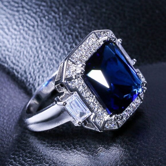 🎊 925 Silver Plated Big Blue Cubic Zirconia Ring for Women, MLNN1001 - Picture 1 of 5